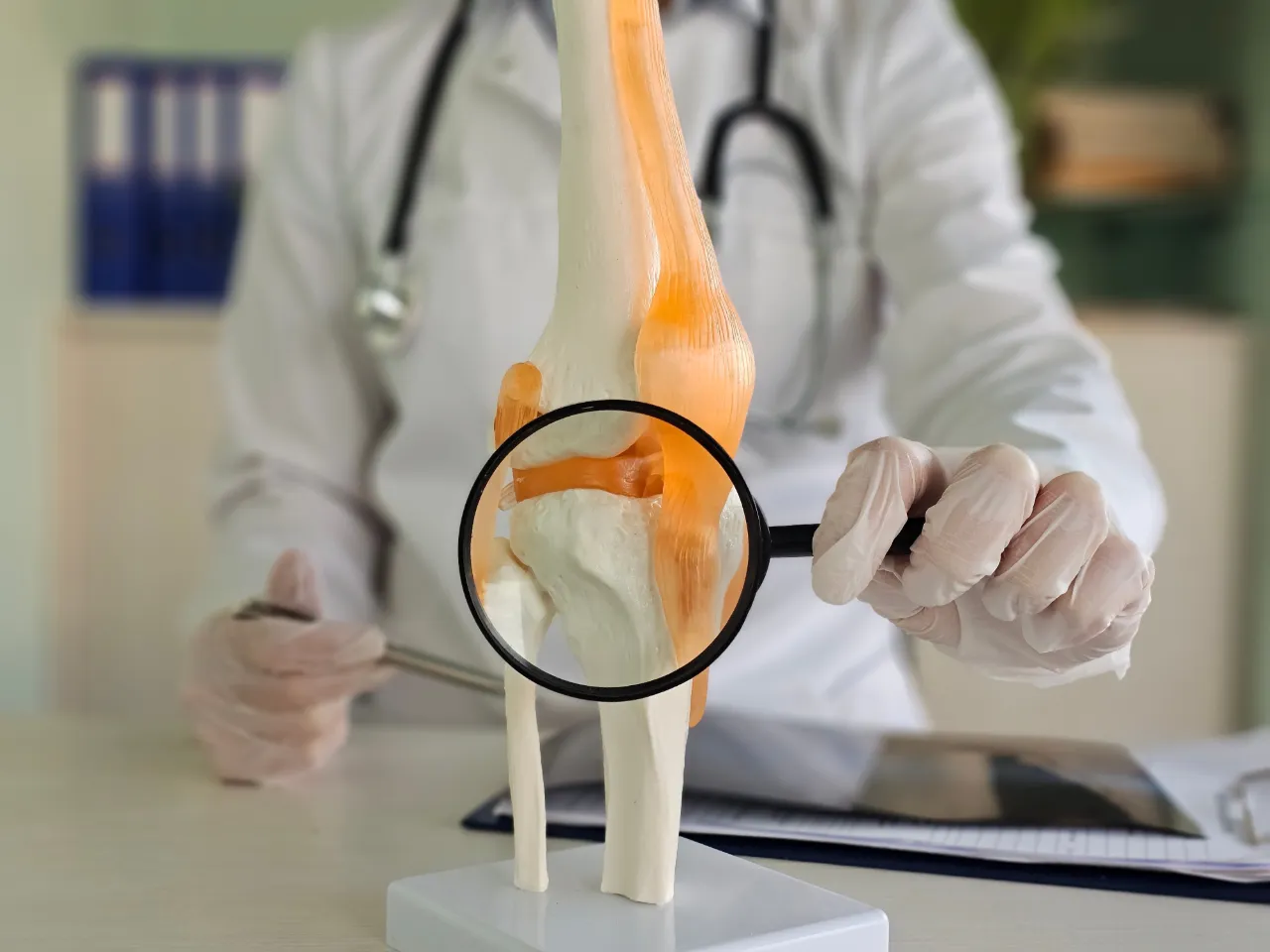 Specialist holding a magnifying glass over a model of the knee.