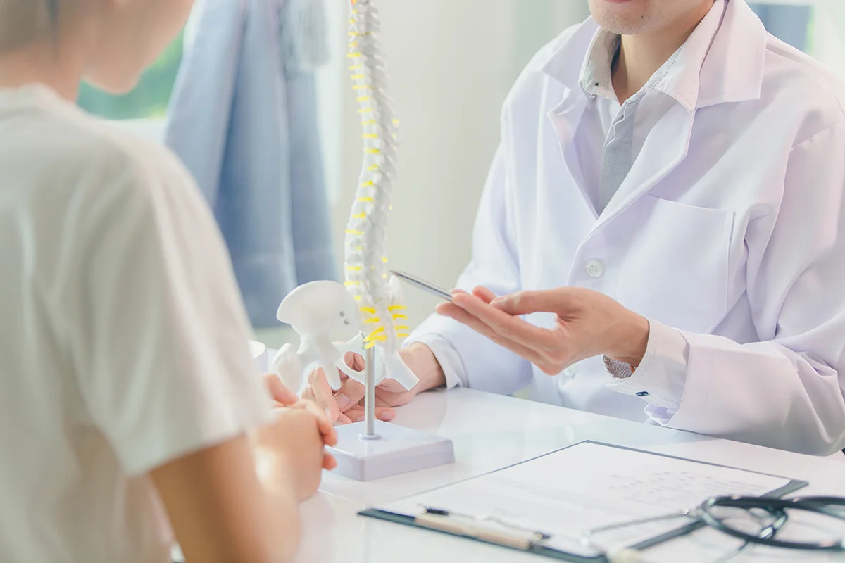 Doctor using a human anatomy model during a consultation with a patient